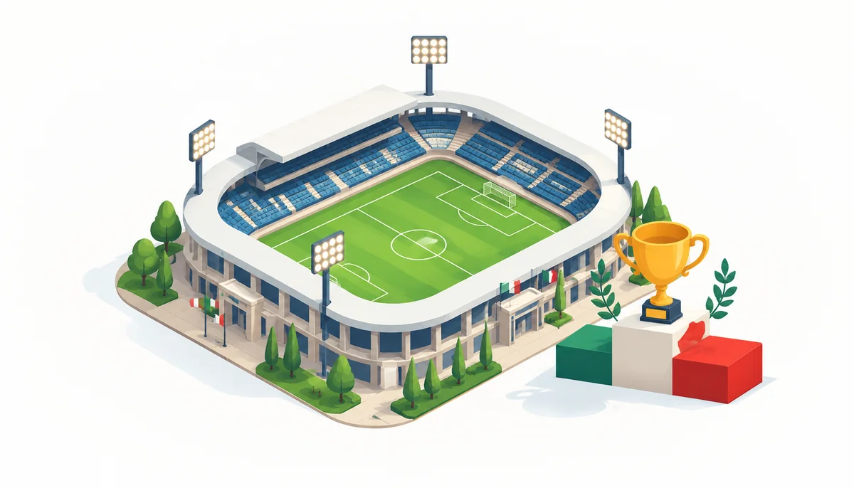 Illustrazione isometrica di un campo da calcio con una classifica a gironi